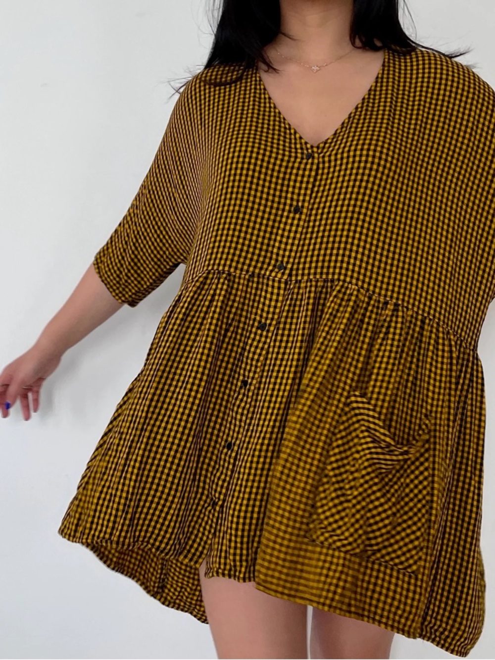 Zara Woman Yellow and Black Gingham Button-Front Dress